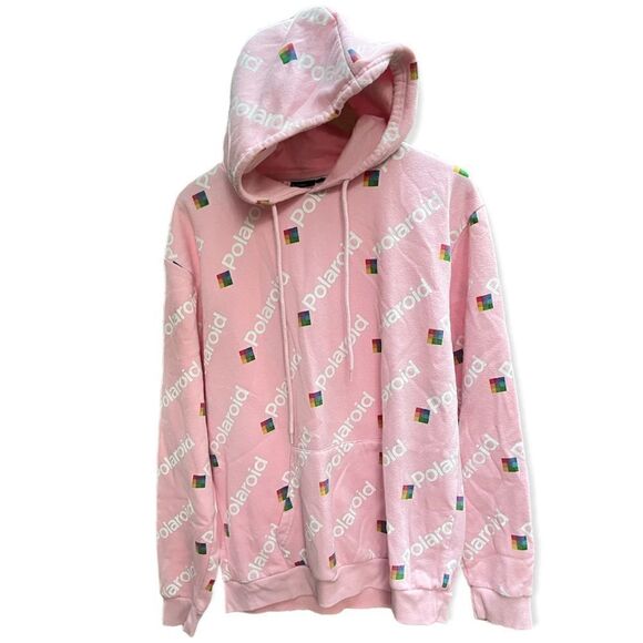 POLAROID ALLOVER LOGO PRINT HOODED SWEATSHIRT HOODIE PINK LARGE - Picture 5 of 8